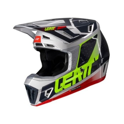Capacete Leatt de motocross preto, cinza, verde neon e vermelho com visor