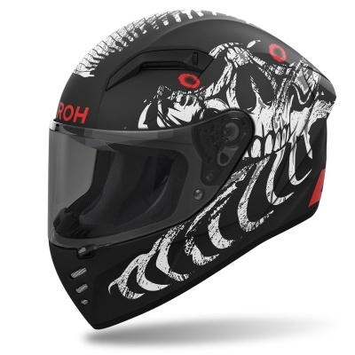 Capacete integral preto com gravuras de caveiras brancas e detalhes vermelhos