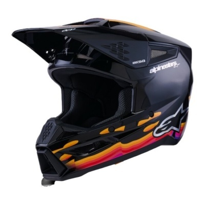 Capacete motocross Alpinestars preto com detalhes coloridos e viseira