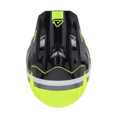 Capacete de motocross preto com detalhes amarelo fluorescente e cinza