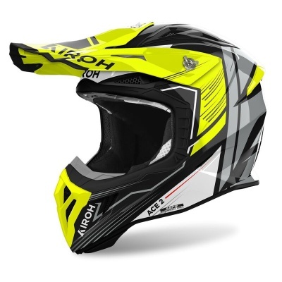 Capacete de motocross amarelo, preto e branco com texto AIROH ACE 2