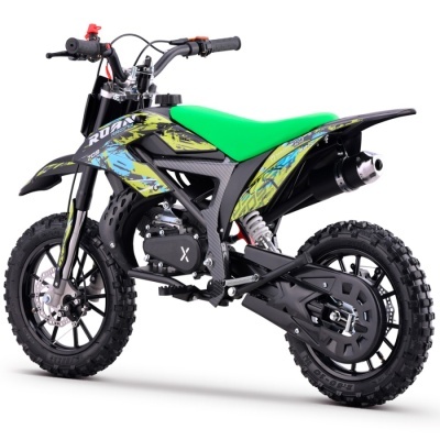 Mini mota infantil preta com assento verde e decalques coloridos