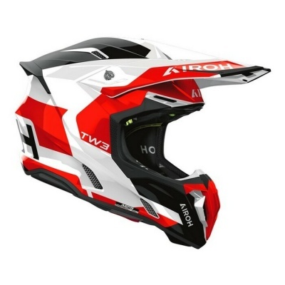 Capacete integral motocross branco, vermelho e preto com textos AIROH e TW3