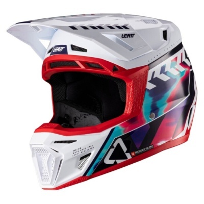 Capacete integral motocross branco, vermelho, azul e preto com texto LEATT