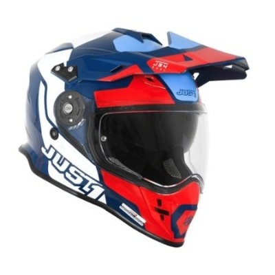 Capacete de motociclismo azul, vermelho e branco com viseira transparente e marca JUST1