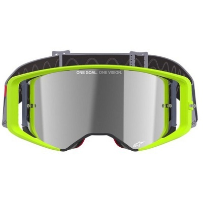 Óculos de proteção amarela com lente espelhada prateada e faixa preta com padrão cinza e branco