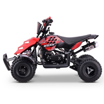 Quadriciclo todo-o-terreno vermelho e preto com texto 'RAPTOR ROAN RACING 49cc'