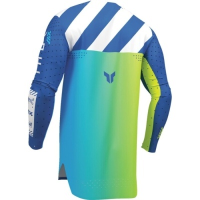 Camisola de motocross colorida com azul, verde, amarelo e branco vista de costas