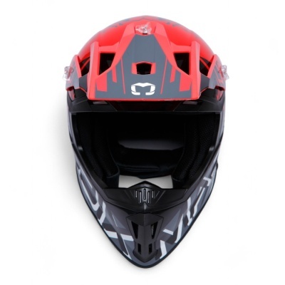 Capacete de motocross vermelho, preto e cinza com padrões geométricos