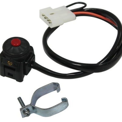 Interruptor elétrico com botão vermelho, conector branco e suporte metálico