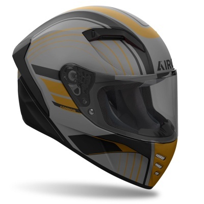 Capacete integral cinza, amarelo e preto com viseira transparente
