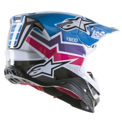 capacete motocross azul, branco e vermelho com padrões e texto ALPINESTARS