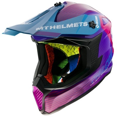 Capacete integral motocross azul e roxo com viseira e interior acolchoado colorido