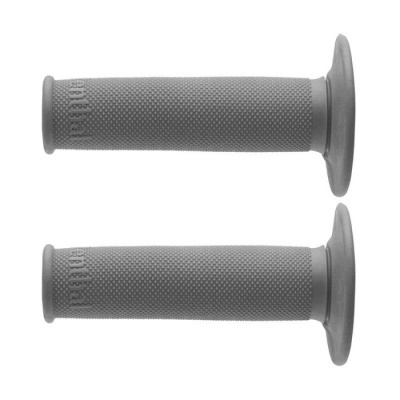 Punhos cinzentos de borracha para guiador com textura bolha e flange de proteção.