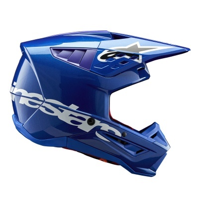 Capacete integral azul com detalhes brancos e ventilação