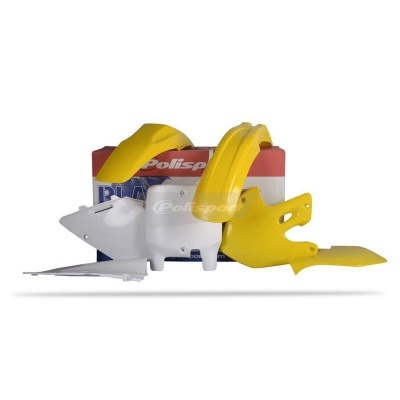 Peças plásticas amarelas e brancas para moto com caixa logo Polispot