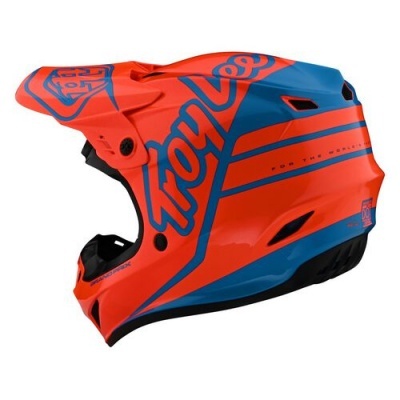 Capacete integral laranja e azul da Troy Lee Designs, com texto e design gráfico