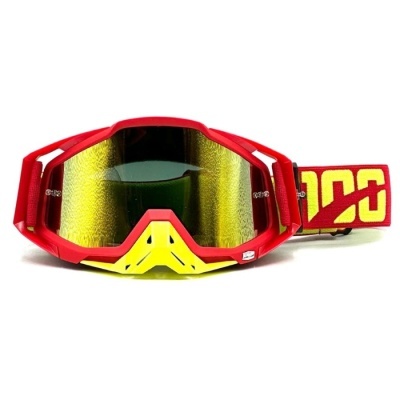 Óculos de proteção desportivos vermelhos e amarelos com lentes douradas espelhadas