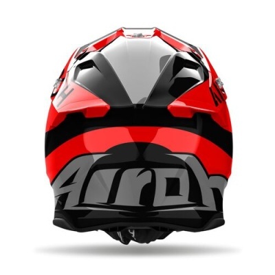 Capacete vermelho, preto e cinza com texto Airoh