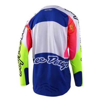 Camisola desportiva colorida com texto 'Troy Lee Designs' nas costas