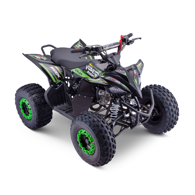 Quadriciclo preto e verde com pneus grandes texturizados e assento preto