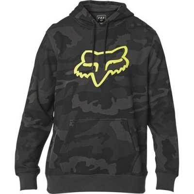 Sweatshirt preta camuflada com capuz e logo amarelo da FOX no peito