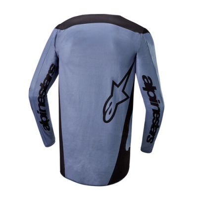 Camisola de motocross azul claro e preta com logotipo e texto alpinestars