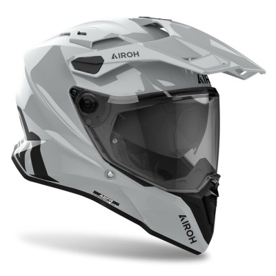 Capacete de moto integral branco com visor transparente e texto AIROH