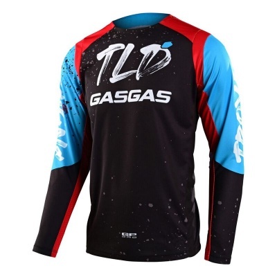 Camisola de motocross preta com detalhes azuis e vermelhos e texto TLD GASGAS