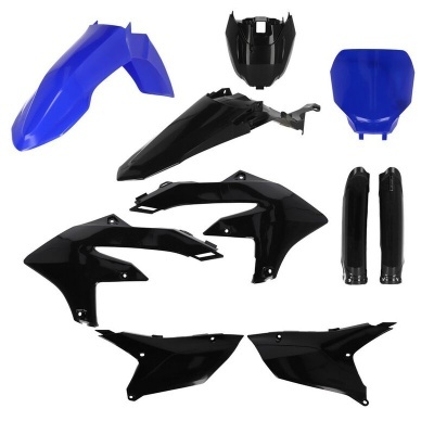 Peças de moto em plástico azul e preto sobre fundo branco