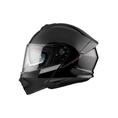 Capacete integral preto com viseira transparente e detalhes cinza e vermelhos