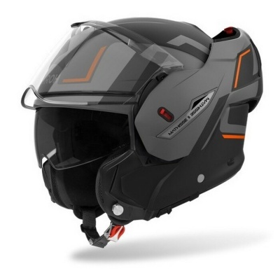 Capacete de motocicleta cinzento, preto e laranja com viseira transparente