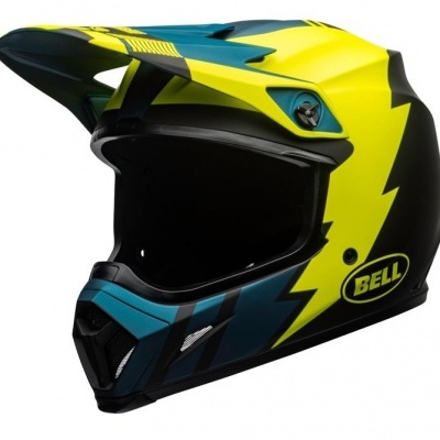 Capacete de motocross BELL azul, amarelo e preto com visor e padrão de raio