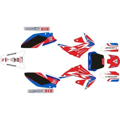 Conjunto de autocolantes vermelhos, brancos e azuis para mota com logótipos e textos