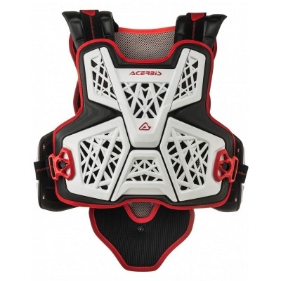 Capa protetora para peito e costas preta, branca e vermelha com texto Acerbis