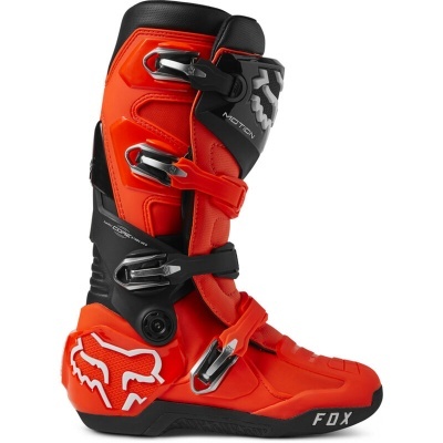 Bota de motocross FOX laranja com fivelas metálicas e logótipos pretos e brancos