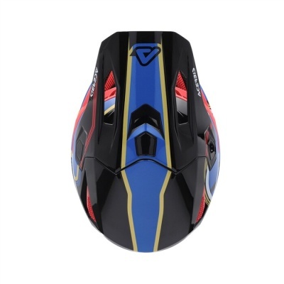 Capacete de mota preto e azul com detalhes dourados e vermelhos