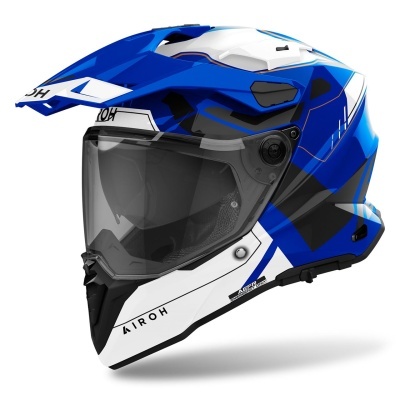 Capacete de mota integral azul, branco e preto com viseira transparente