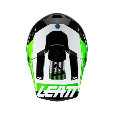 Capacete de motocross branco, preto e verde com texto LEATT
