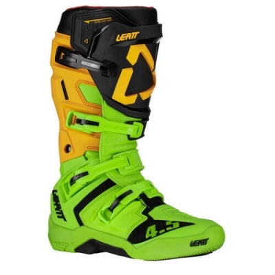 Bota de motocross Leatt verde-limão, amarelo, preto com fivelas e texto visível