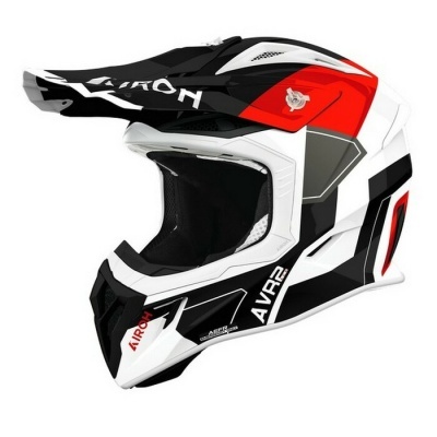 Capacete integral motocross nas cores preto, branco, vermelho e cinzento com marcas Airoh e AVRA