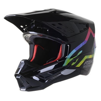 Capacete integral motocross preto com detalhes coloridos e interior vermelho