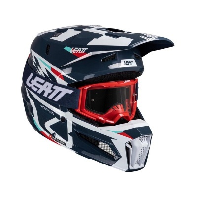 Capacete integral motocross azul, branco, vermelho com óculos vermelhos LEATT