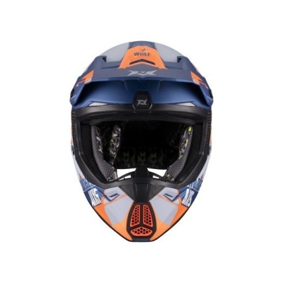 Capacete de motocross azul, laranja e cinzento com texto WOLF e MX