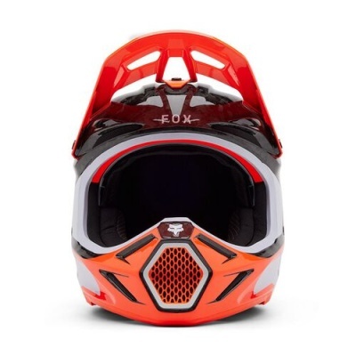 capacete integral motocross laranja, preto e branco com texto FOX