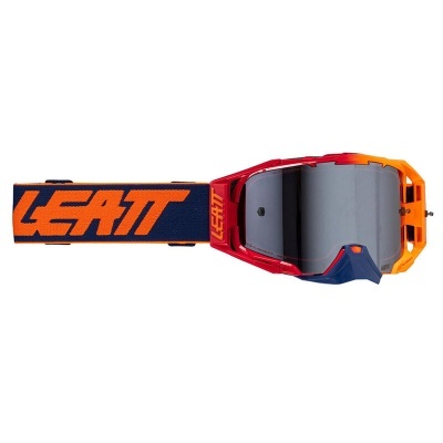 Óculos de proteção esportivos vermelho, laranja e azul com lente espelhada e faixa elástica azul com texto laranja