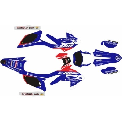 Autocolantes azuis, vermelhos e pretos para mota com logos e texto YAMAHA e DUNLOP