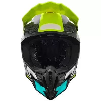 capacete motocross preto verde-limão azul-ciano com interior acolchoado e viseira ajustável
