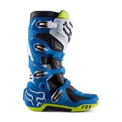 Bota motocross azul preta branca verde-limão FOX com fivelas metálicas e texto FOX MOTION