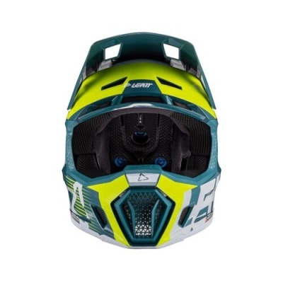 Capacete integral verde-azulado, amarelo fluo e branco com texto LEATT